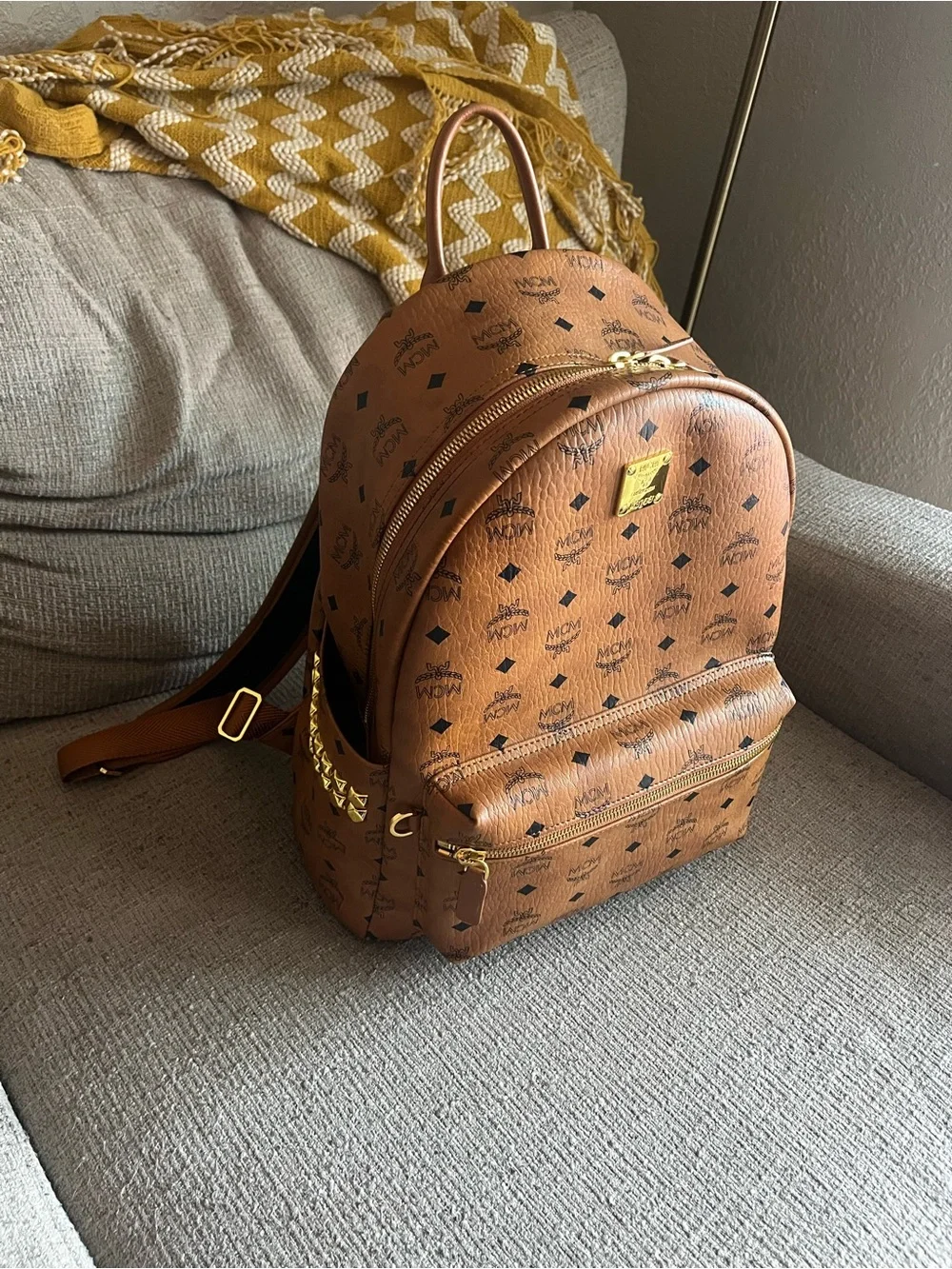 MCM Cognac Logo Visetos Backpack with Gold Hardware